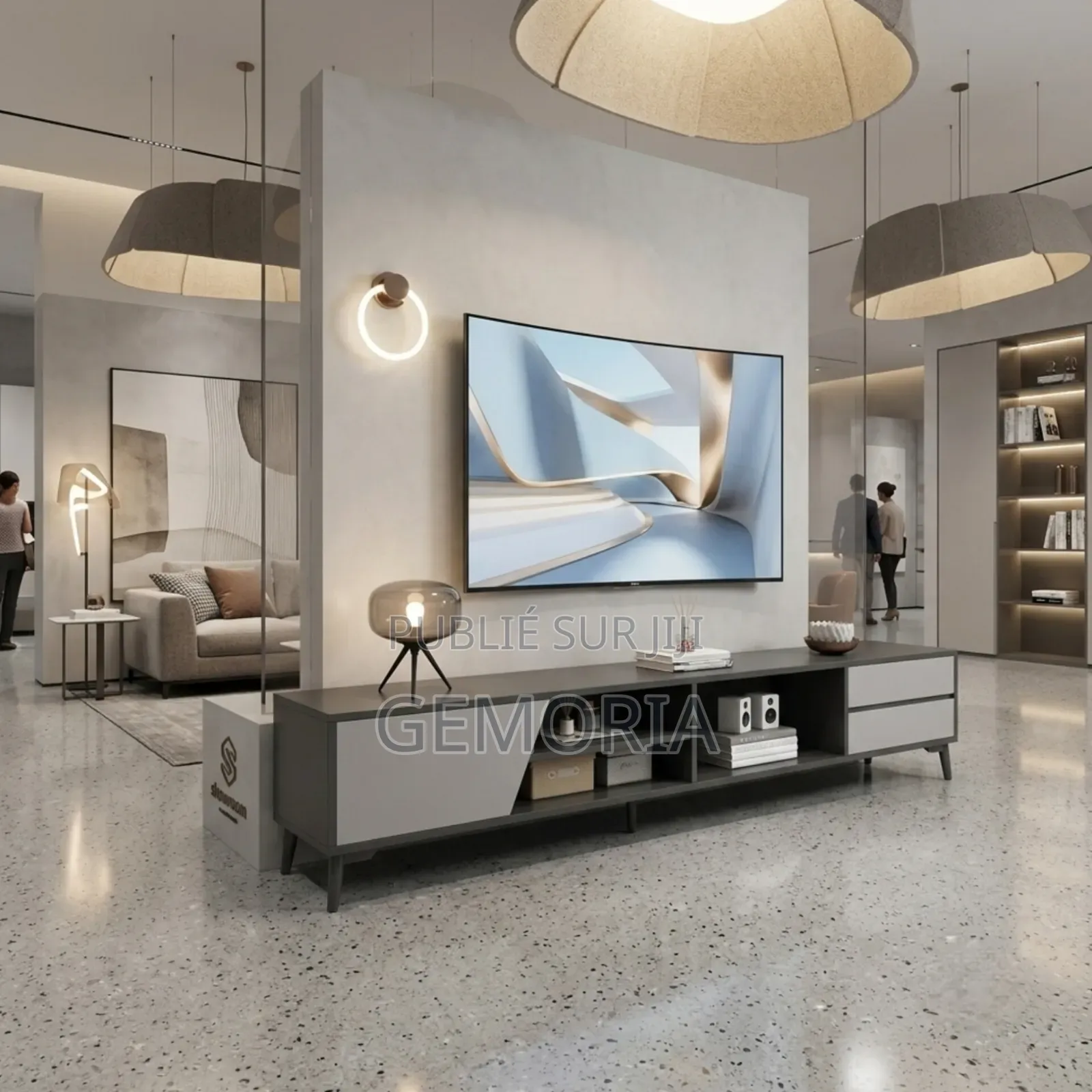 Meuble TV Bas Architecturale Noir Mat Gris Minéral