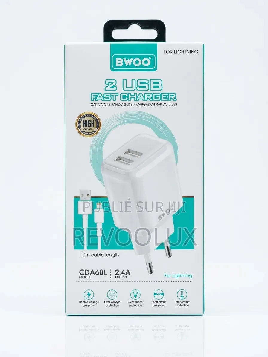 Chargeur Secteur Double USB BWOO + Câble iPhone (Lightning) Inclus