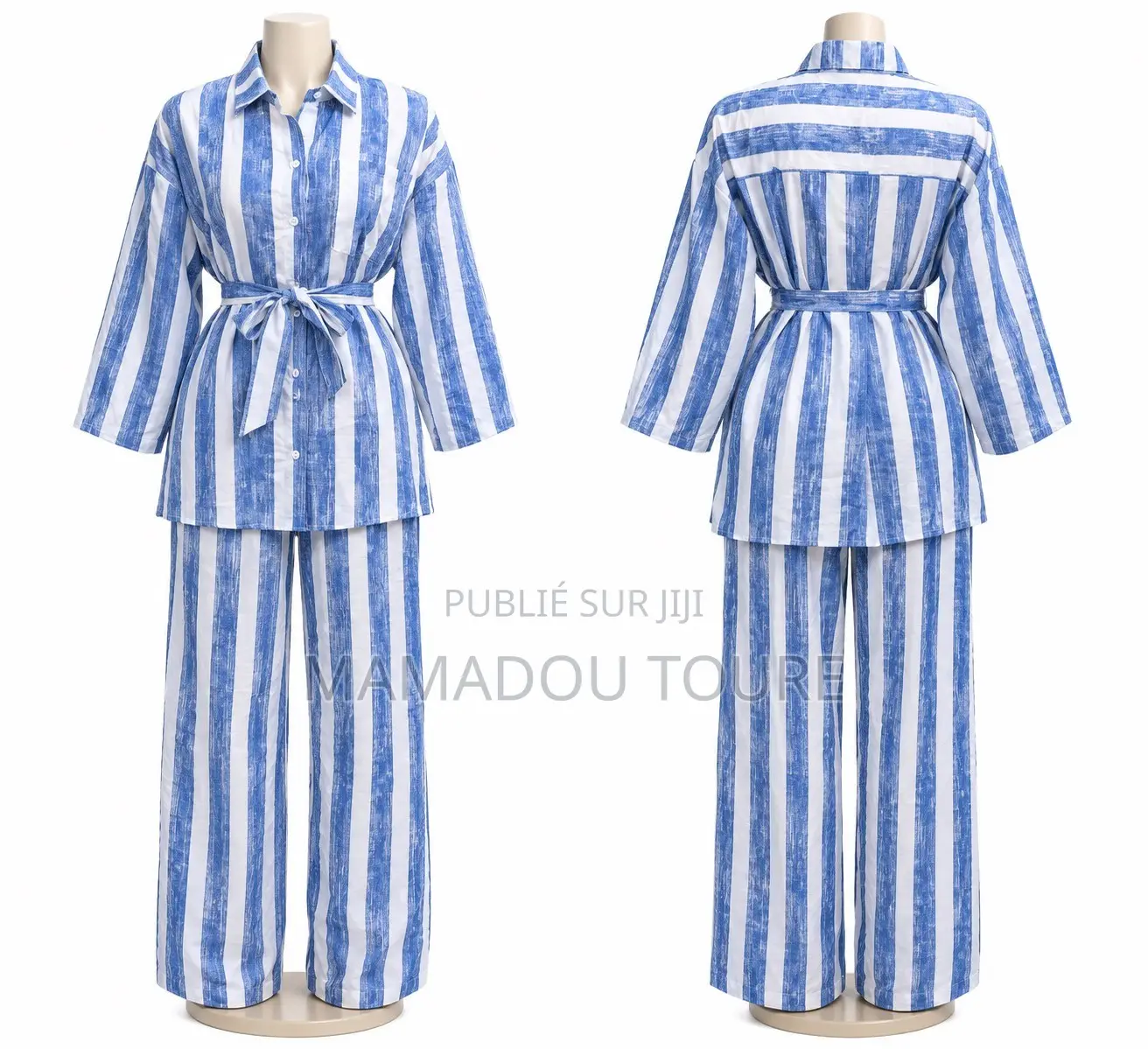Ensemble Pantalon Femme Rayé Avec Chemise Ceinturée