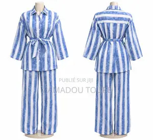 Ensemble Pantalon Femme Rayé Avec Chemise Ceinturée