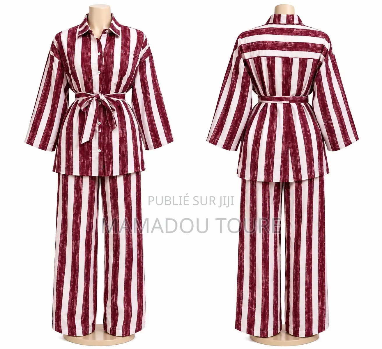 Ensemble Pantalon Femme Rayé Avec Chemise Ceinturée