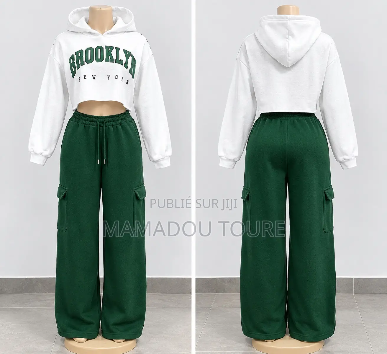 Ensemble Femme Hoodie Court & Pantalon Cargo Vert Foncé