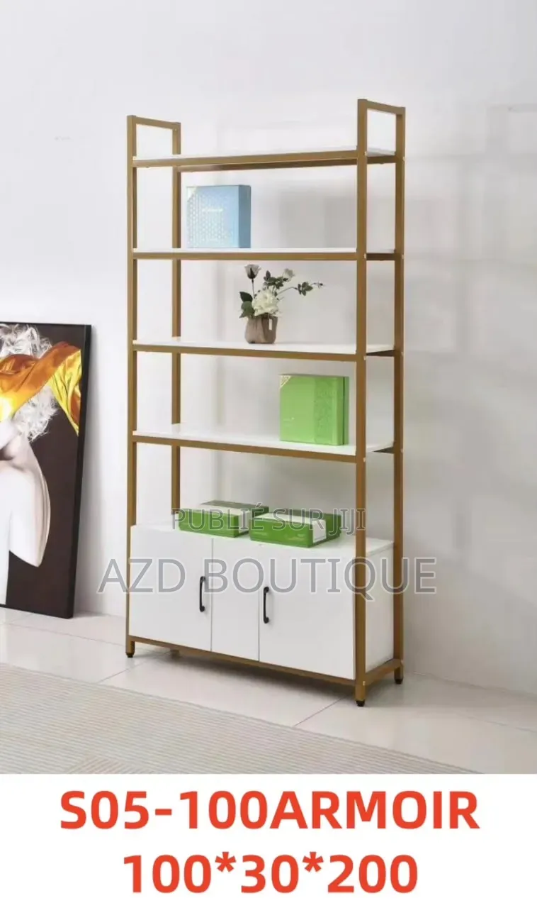 Bibliothèque / Étagère Chic Dorée Et Blanche Avec Placard