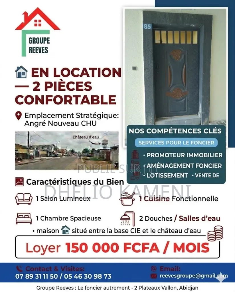 1chbre Chambre et salon dans Reevesgroupe, Cocody à Louer