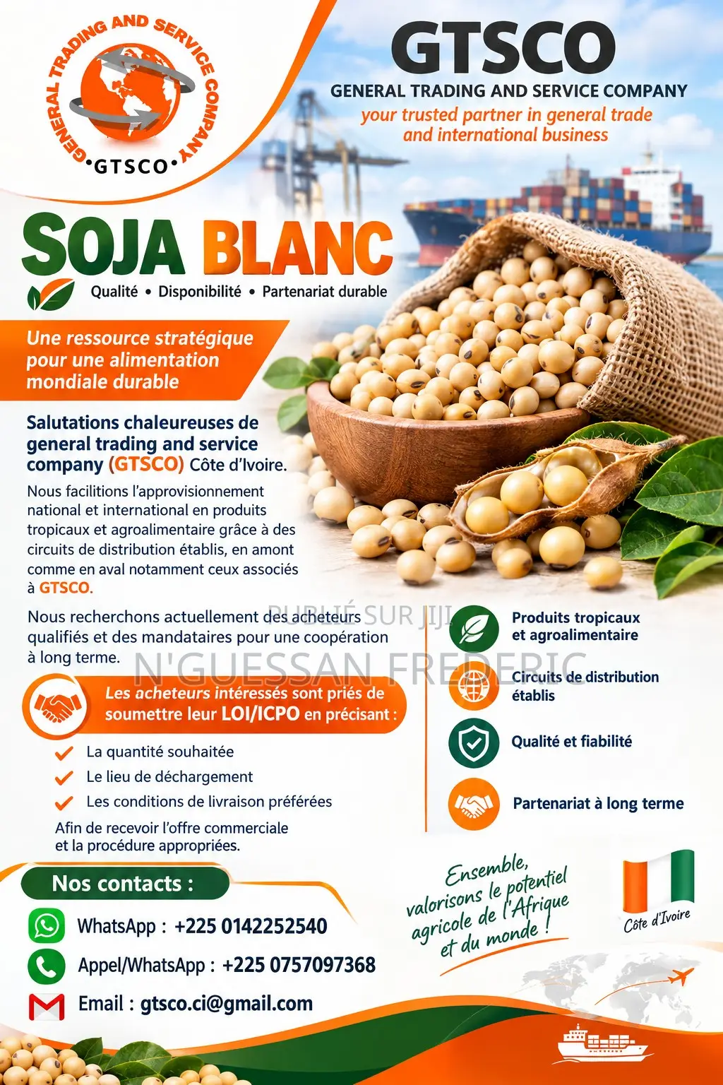 Soja Blanc, Recherche d'Acheteurs Qualifiés Campagne Côte d'Ivoire