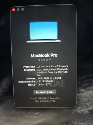 Ordinateur portable Apple MacBook Pro 2019 16GB Intel Core i7 SSD 512GB