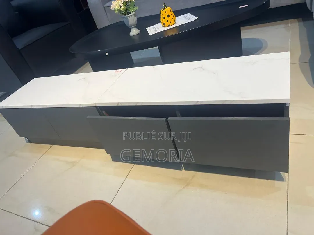 Meuble TV Bas Minimaliste Effet Marbre Blanc & Gris Anthracite