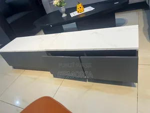 Meuble TV Bas Minimaliste Effet Marbre Blanc & Gris Anthracite