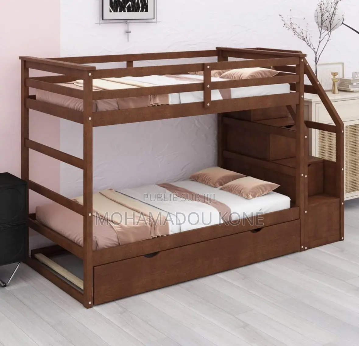 Lit Superposé Enfant en Bois Massif Avec Escalier Rangement