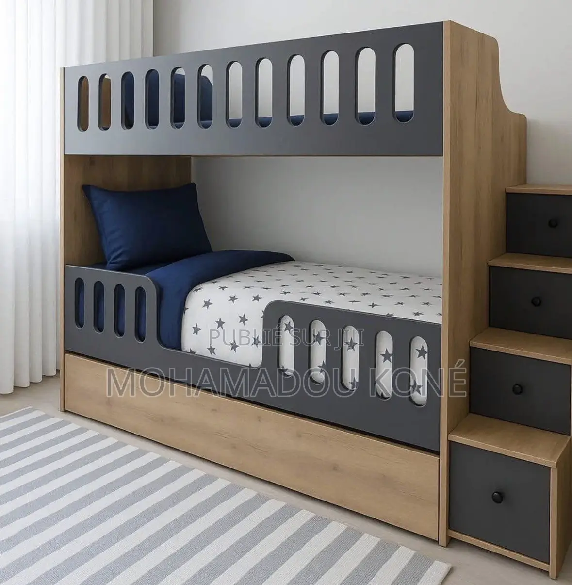 Lit Superposé Enfant en Bois Massif Avec Escalier Rangement