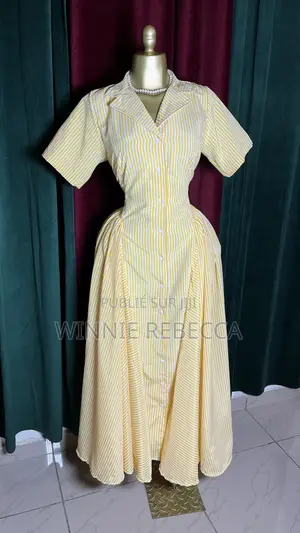 Robe Chemise Longue Jaune À Rayures Blanches – Élégante Et Féminine