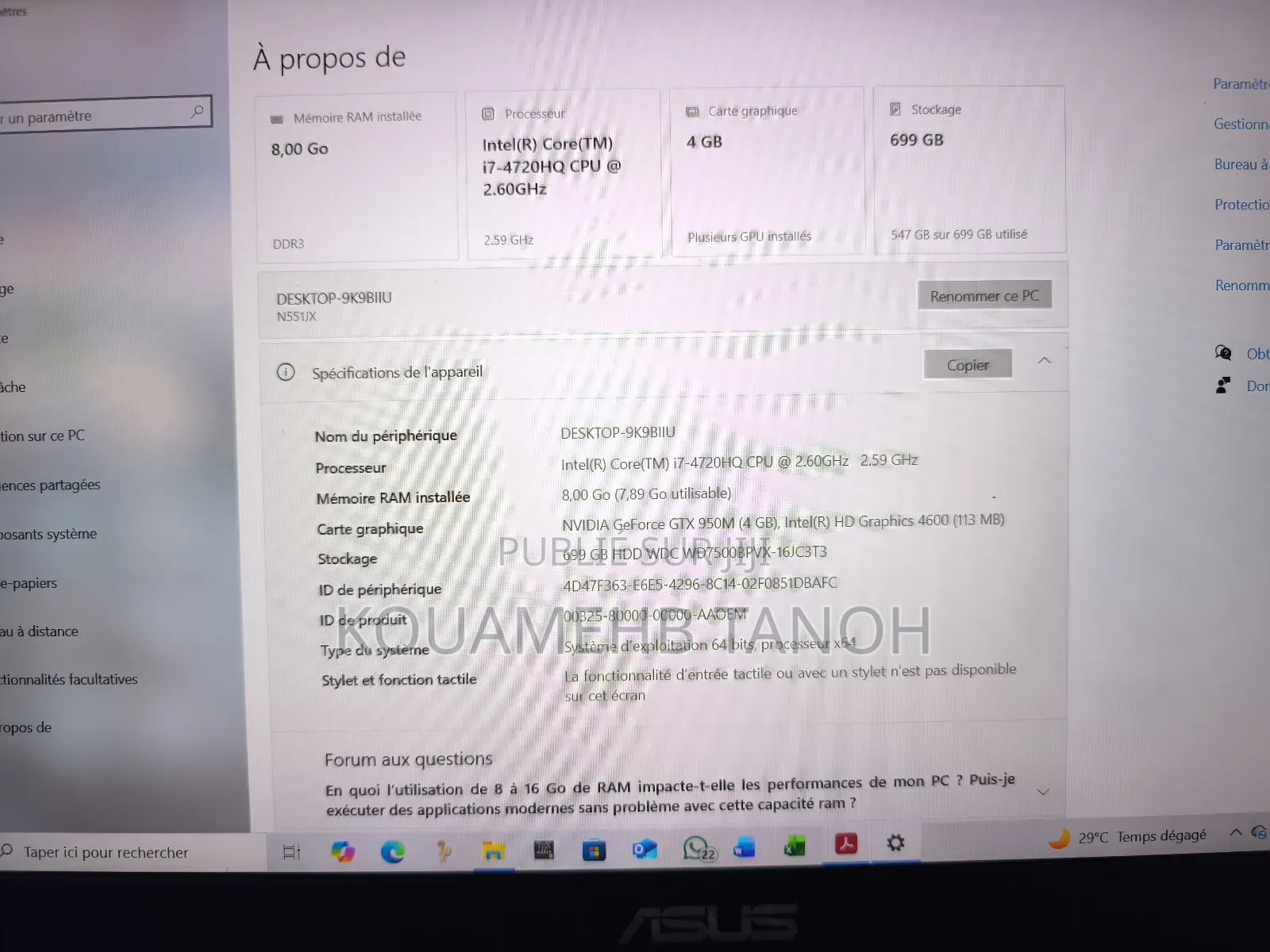 Ordinateur Portable Asus N551JK 8GB Intel Core I7 HDD 700GB