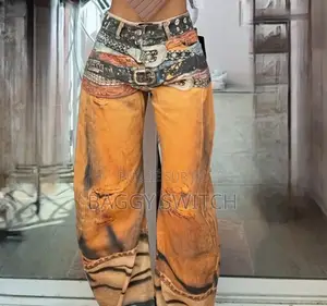 Pantalon Baggy "Western Graphic" - Imprimé Ceintures - Orange Ocre