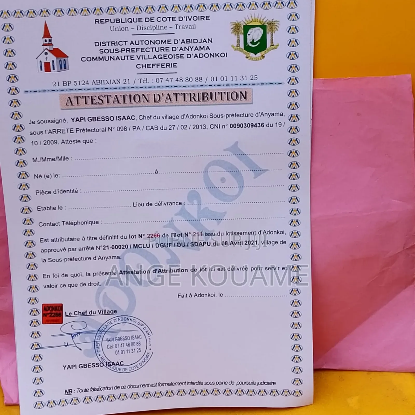 Terrain 400 M2 Approuvé a Andonkoi Songon