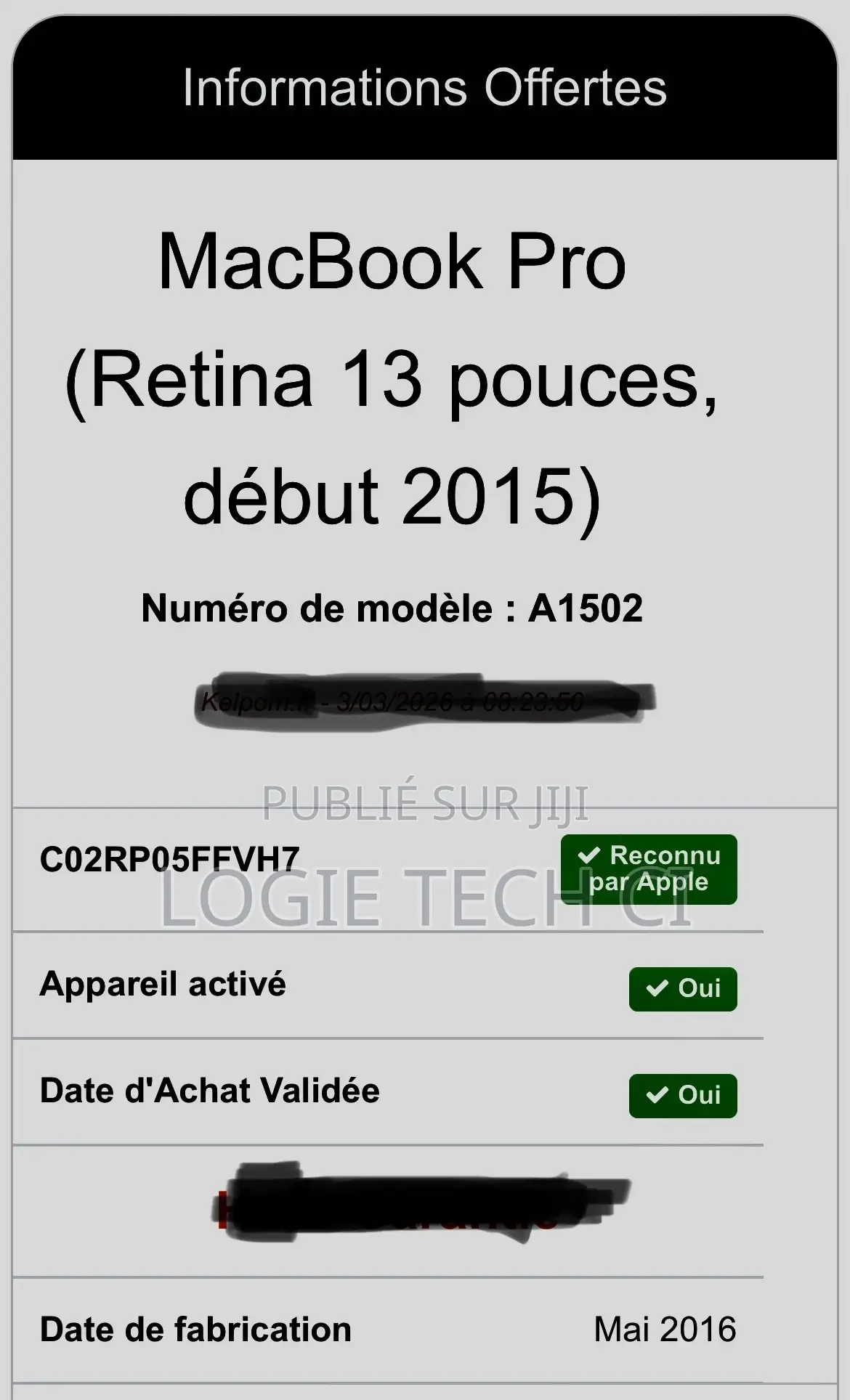 Ordinateur portable Apple MacBook 2015 8GB Intel Core i5 SSD 512GB