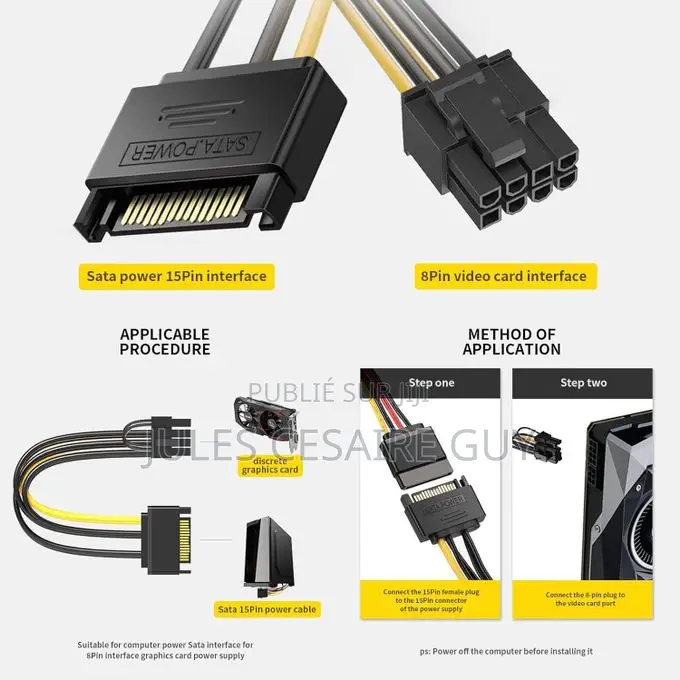 Câble d'Alimentation Sata 15 Broches Mâle Vers 8 Broches (6 + 2) Pci-E