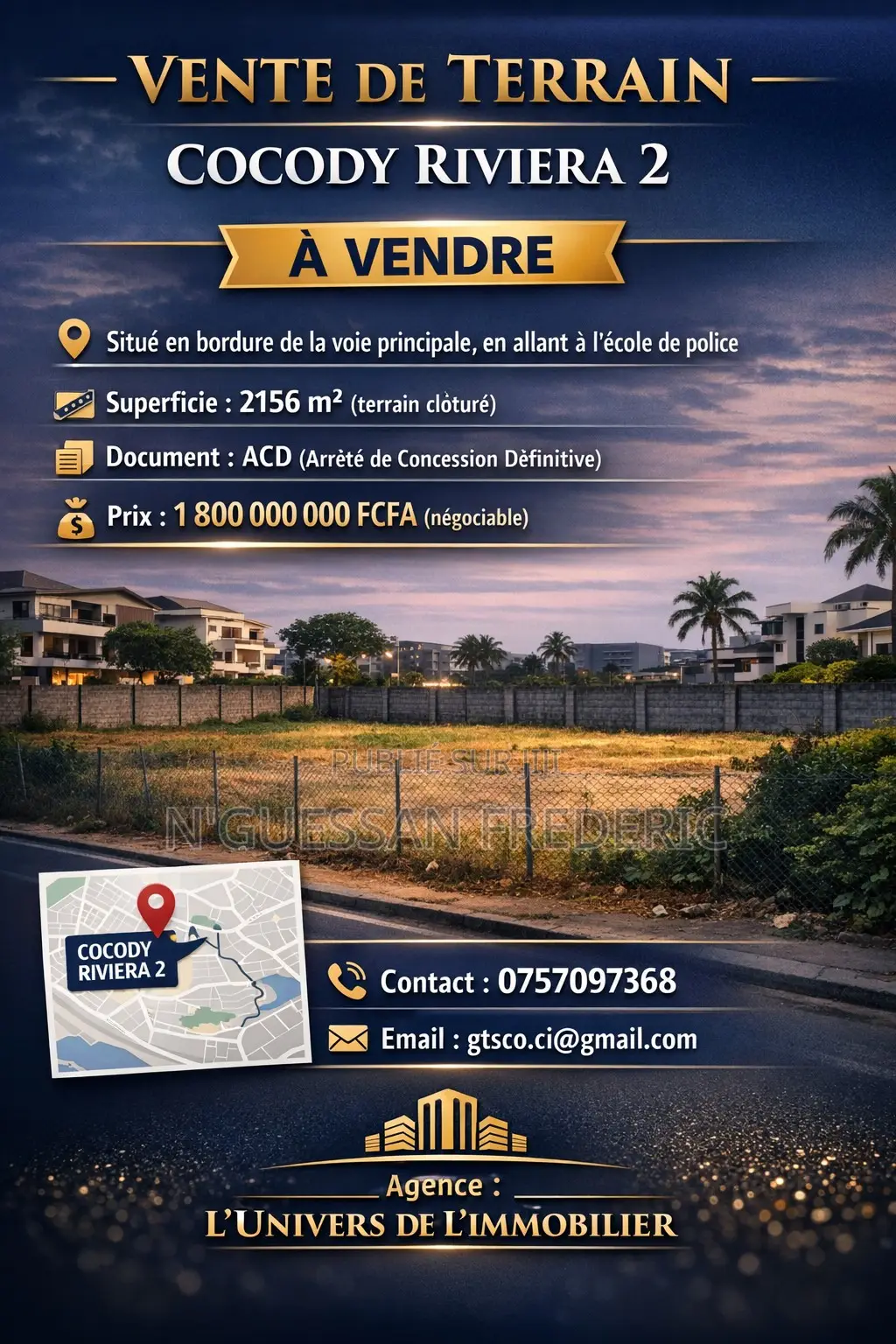 Terrain 2156m2 Acd À Vendre Cocody Rivera 2 Route École De Police