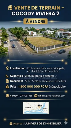 Terrain 2156m2 Acd À Vendre Cocody Rivera 2 Route École De Police