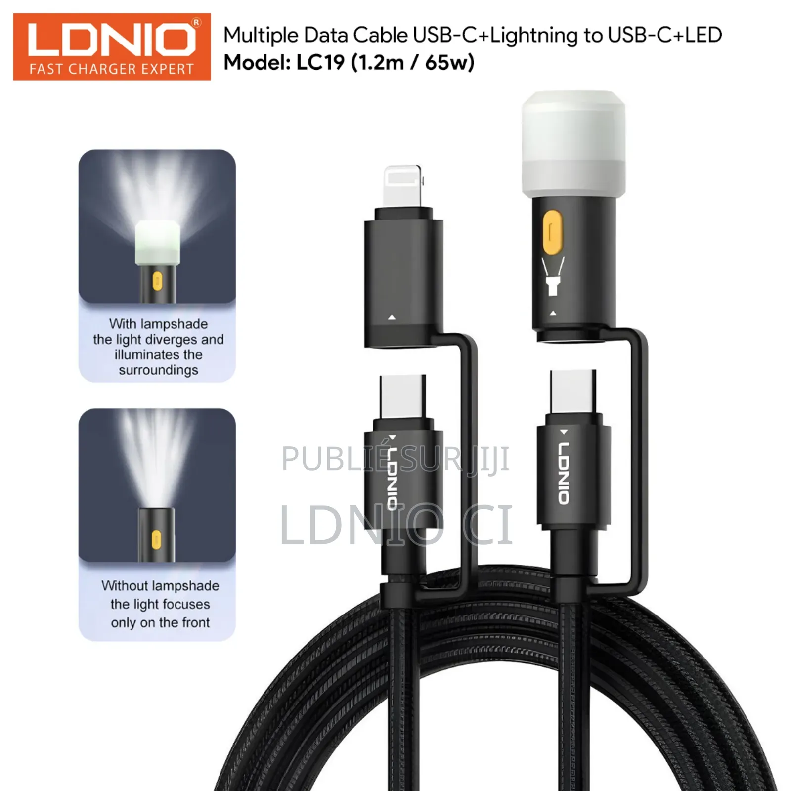 Câble De Données 4 en 1 Usb-C Vers Usb-C + Lightning + Éclairage Led
