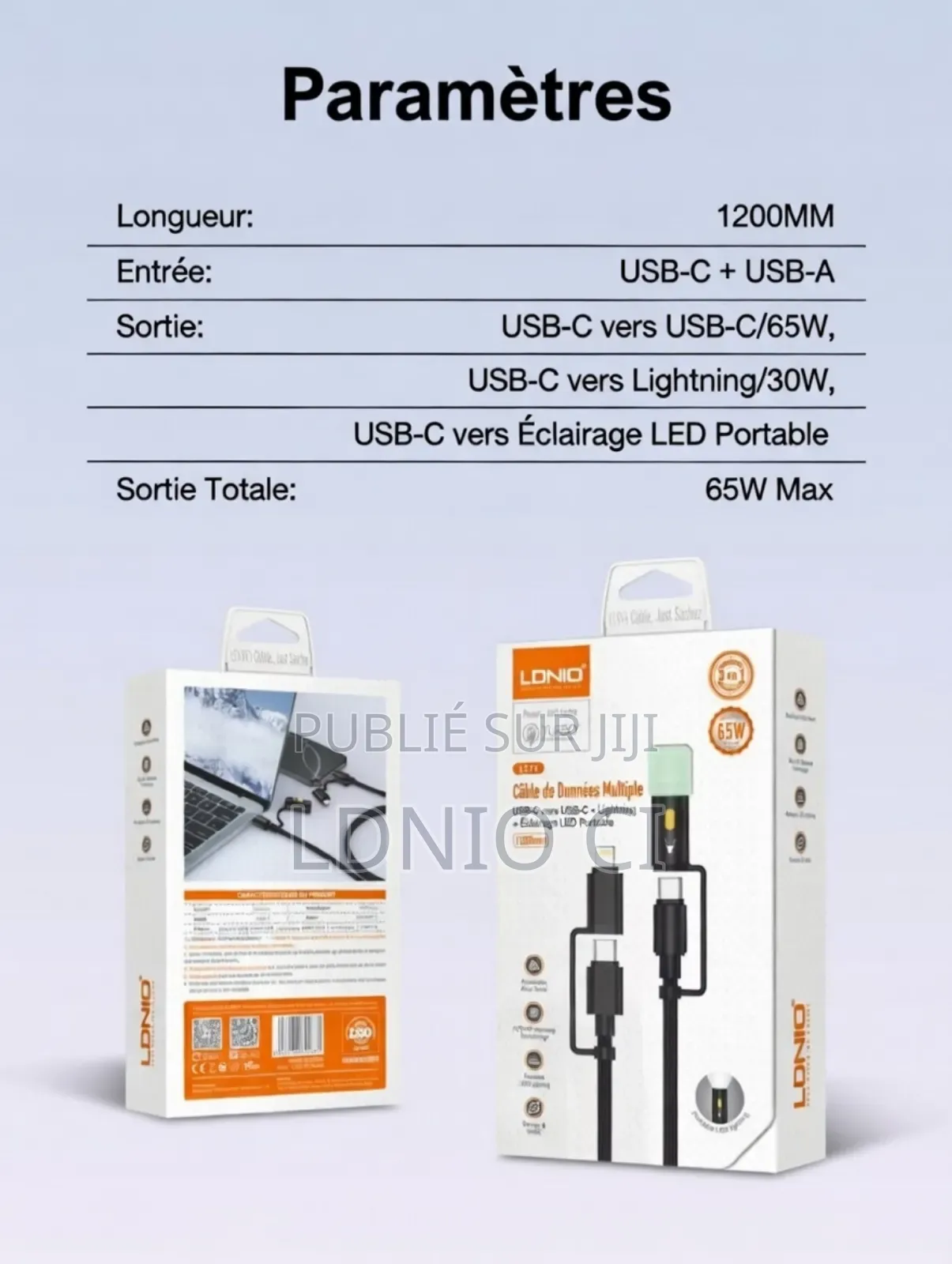 Câble De Données 4 en 1 Usb-C Vers Usb-C + Lightning + Éclairage Led