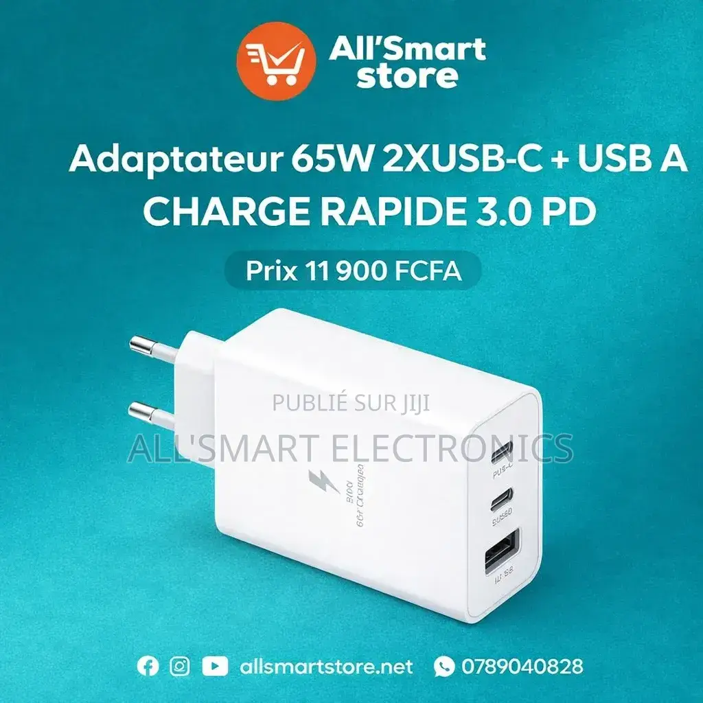 Chargeur Type-C 65w Fast Charge 3 Ports