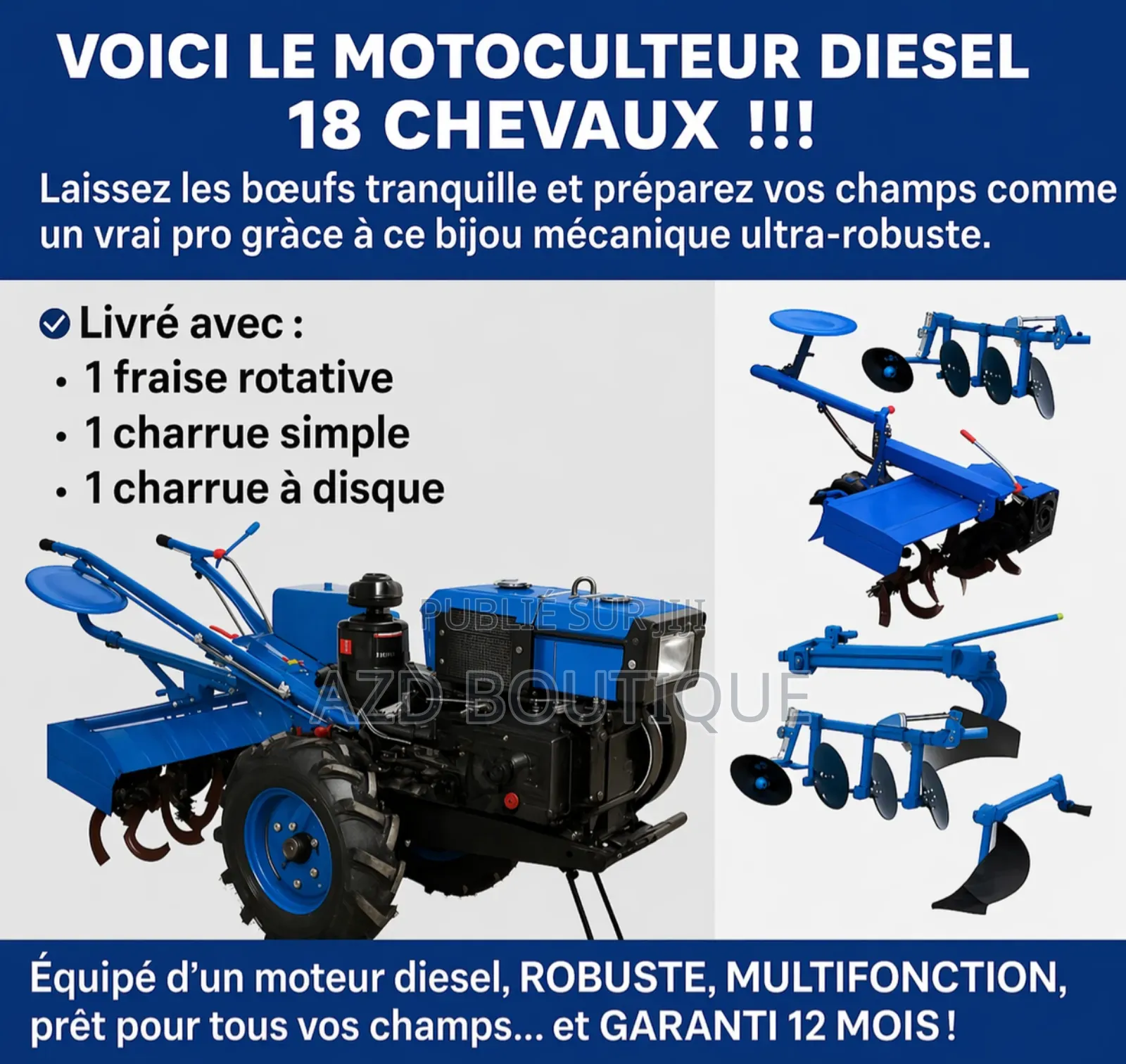 Motoculteur 18 Chevaux + 3 Accessoires + 1 Charette De 2 Tonnes