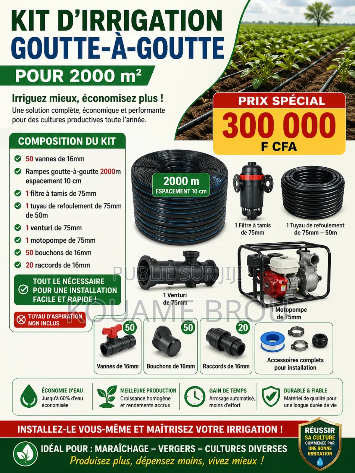 Kit d'Irrigation Goutte-À-Goutte Avec Motopompe De 2000m2