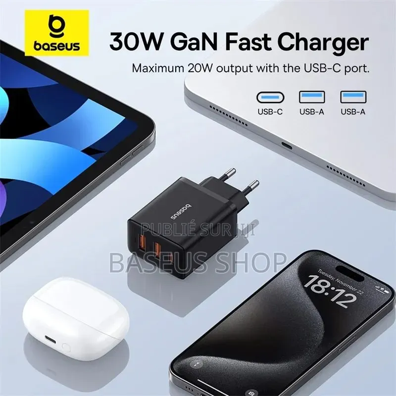 Chargeur Rapide Baseus Usb Type-C + 2x Usb 30w 3a