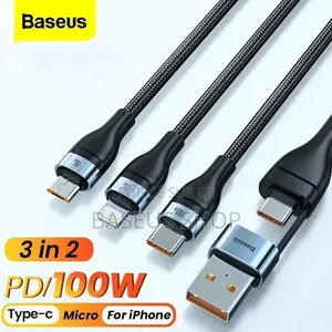 Câble Baseus 3 en 2 Usb-C + Usb Vers M+L+C 100w 1.2m Gris