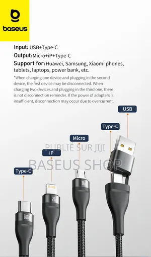 Câble Baseus 3 en 2 Usb-C + Usb Vers M+L+C 100w 1.2m Gris