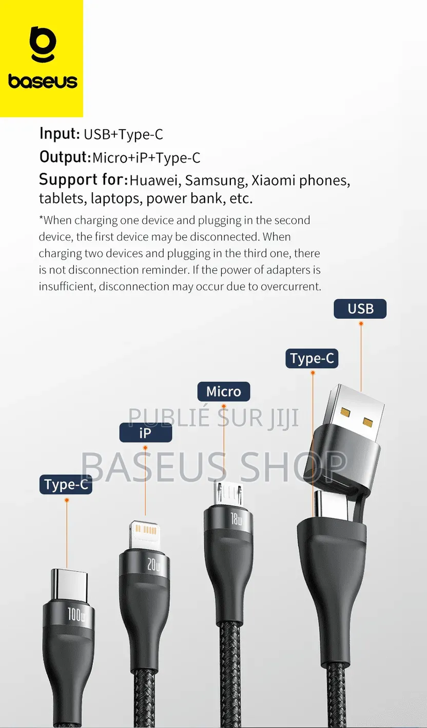 Câble Baseus 3 en 2 Usb-C + Usb Vers M+L+C 100w 1.2m Gris