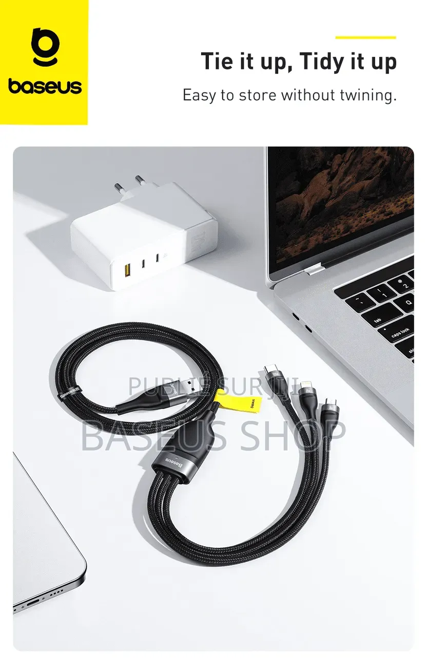 Câble Baseus 3 en 2 Usb-C + Usb Vers M+L+C 100w 1.2m Gris