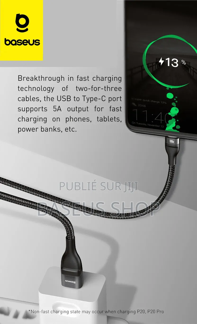 Câble Baseus 3 en 2 Usb-C + Usb Vers M+L+C 100w 1.2m Gris