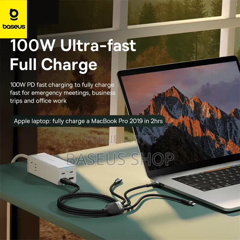 Câble Baseus 3 en 2 Usb-C + Usb Vers M+L+C 100w 1.2m Gris