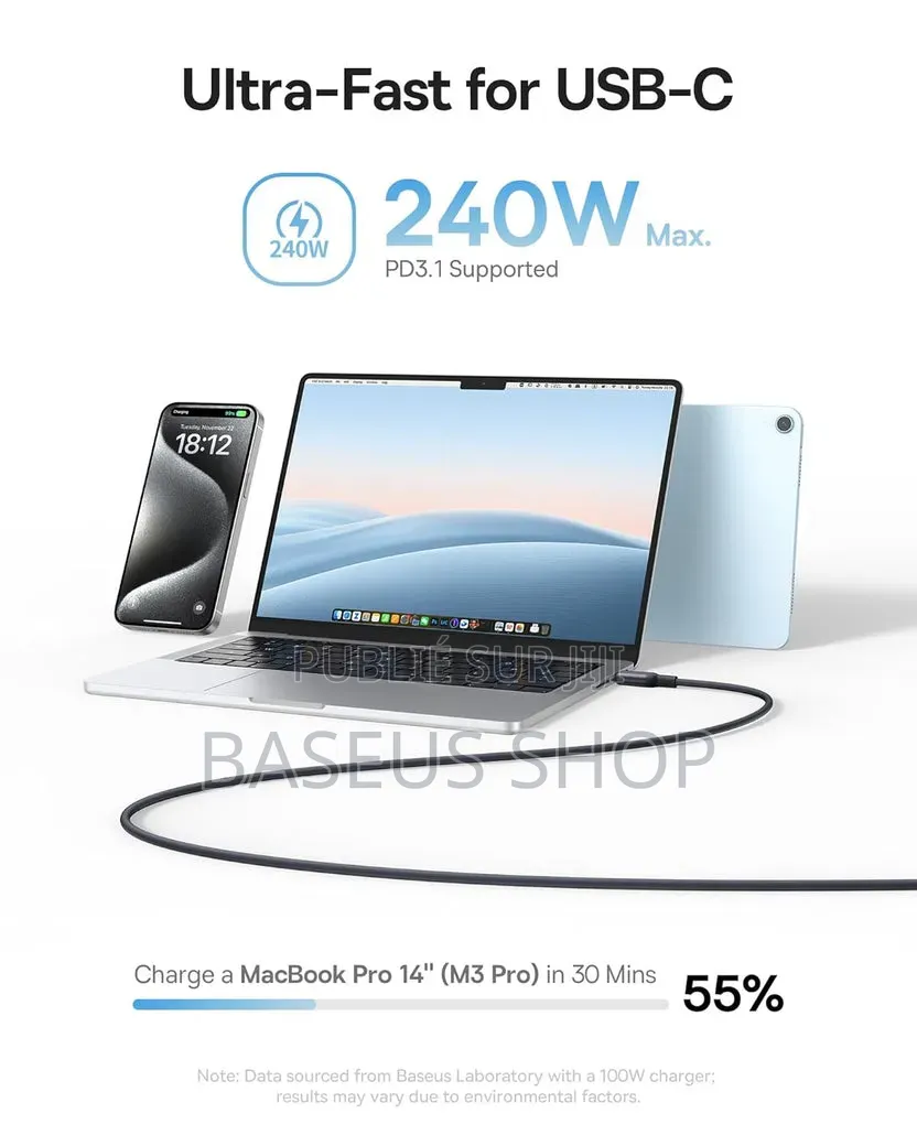 Câble Magnétique Usb-C Baseus Picogo, 240 W, Enroulé, Compatible Avec