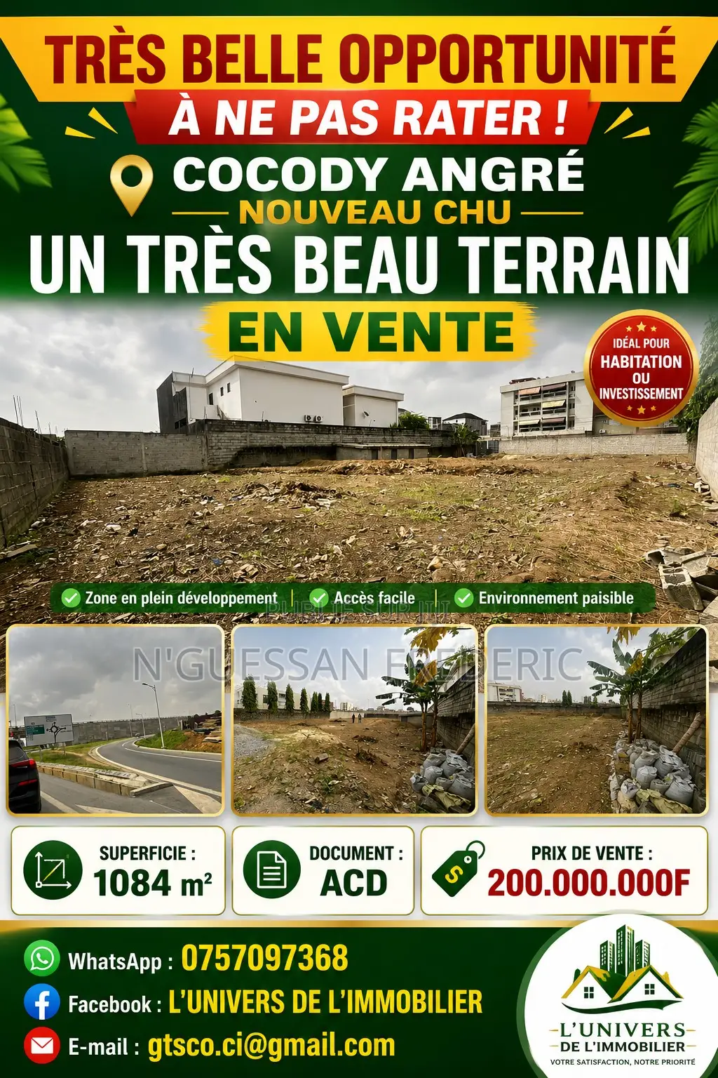 Terrain 1084m2 en Vente Cocody Angré Nouveau Chu
