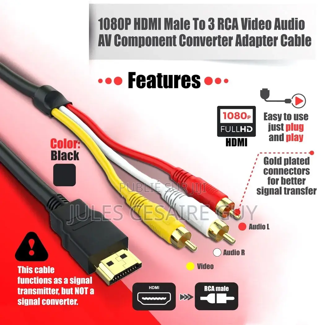 Câble Hdmi Vers Rca1,5 Mètre 3 Broches Rouge, Jaune Et Blanc