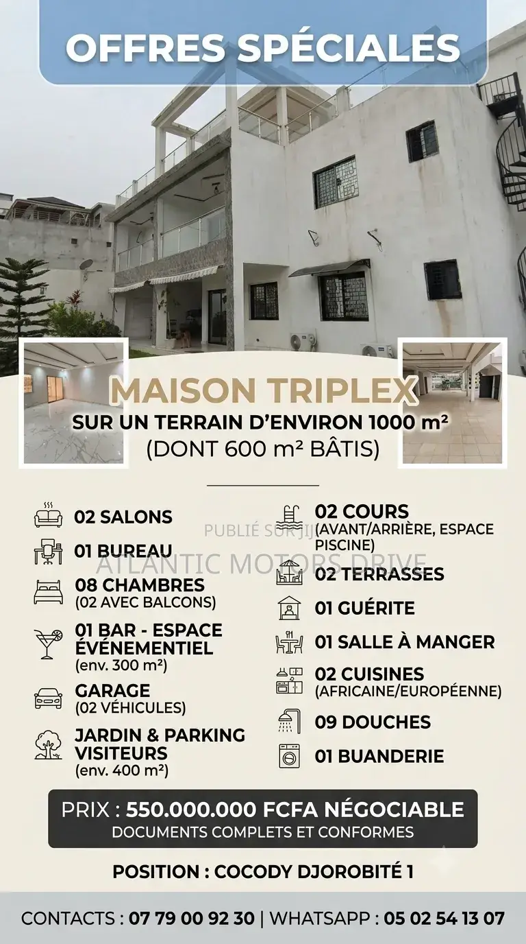 8chbre Villa dans Maison Triplexe, Cocody à Vendre