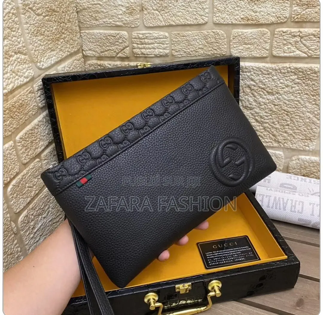 Pochette Homme Cuir Noir Logo Gg Boîte Luxe Dragonne