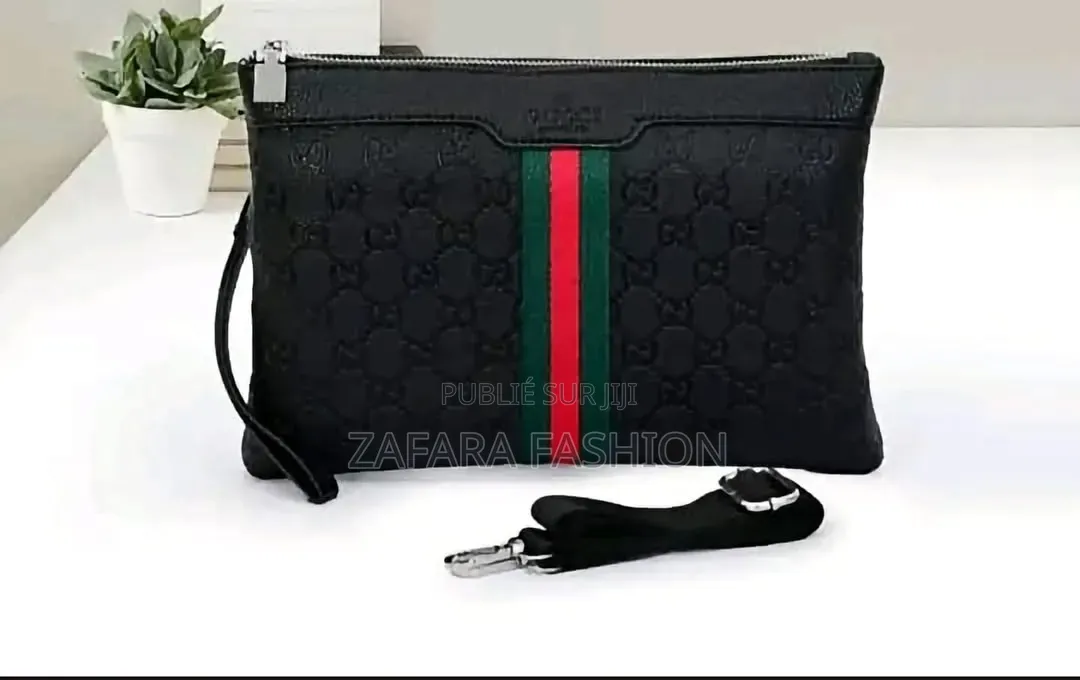 Pochette Homme Cuir Noir Logo Gg Boîte Luxe Dragonne