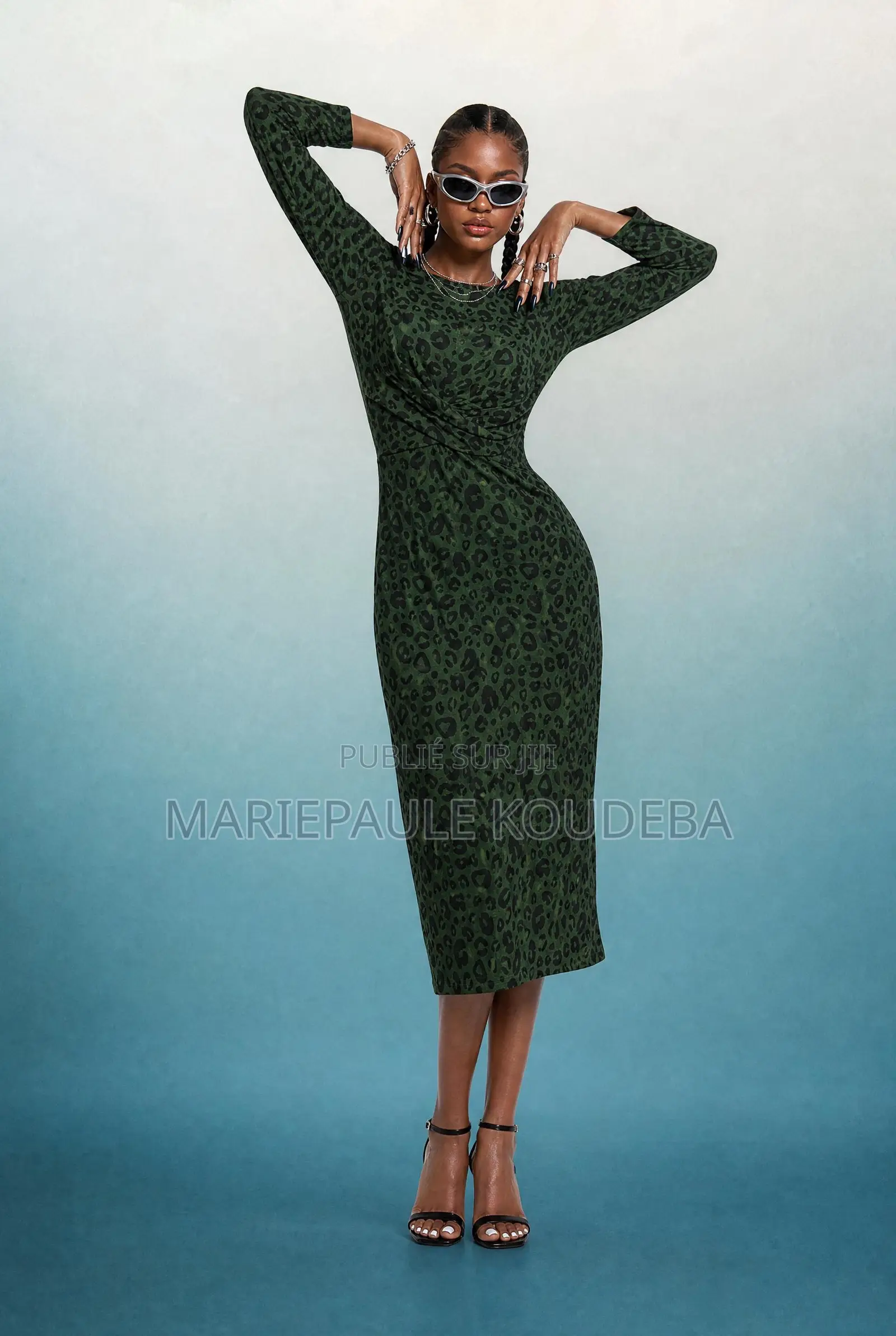  Robe Midi Imprimé Léopard Vert Kaki 