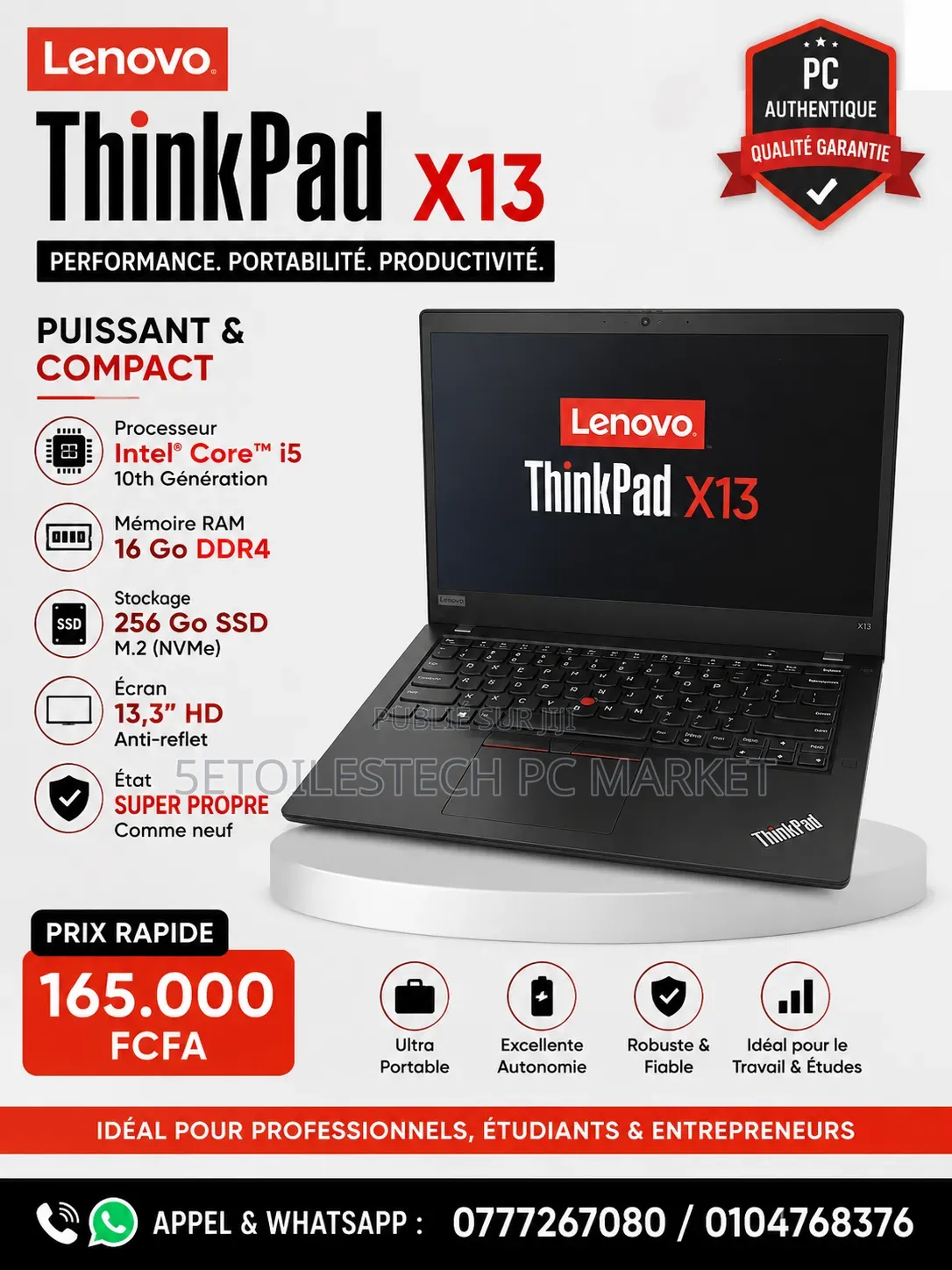Nouveau Lenovo ThinkPad X13 Gen 2 16GB Intel Core i5 SSD 256GB