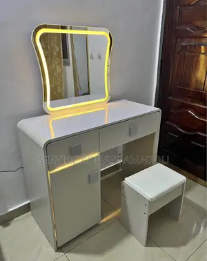 Titre Coiffeuse Moderne Blanche Avec Miroir Led + Tabouret Inclus