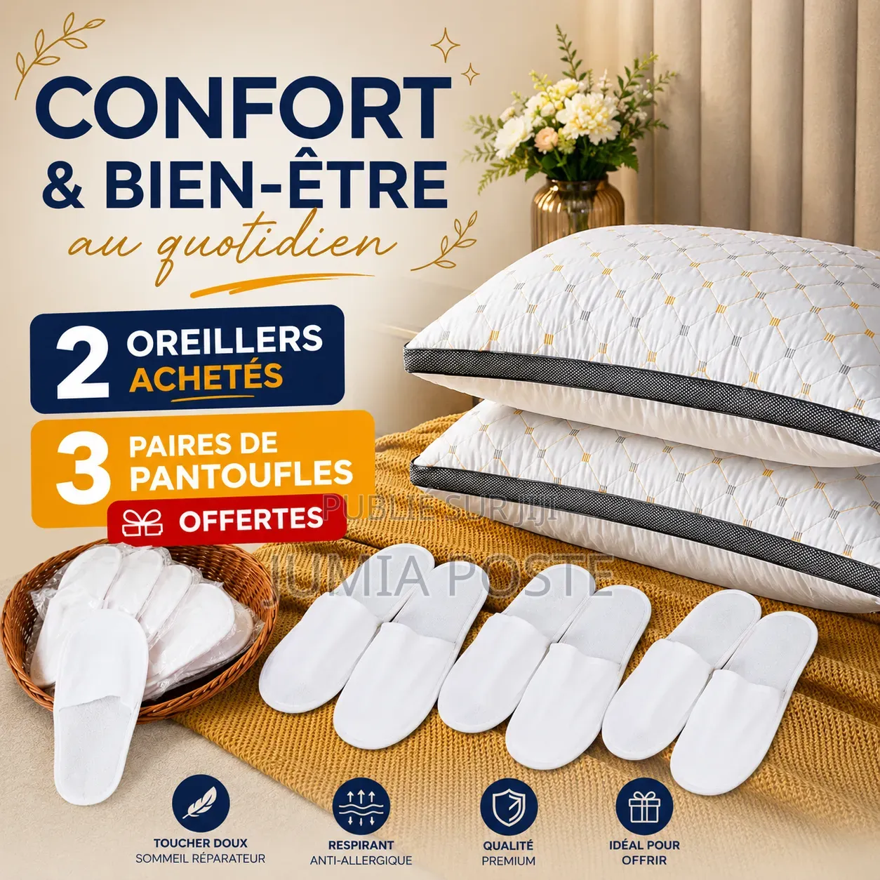 Kit Oreillers , Pantoufles Offerte 3 Paire