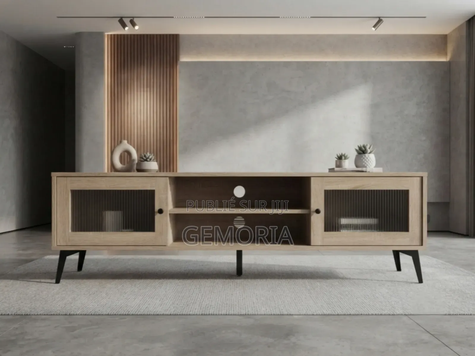 Meuble TV Chêne Clair Portes en Verre Strié