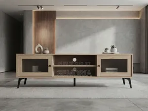 Meuble TV Chêne Clair Portes en Verre Strié