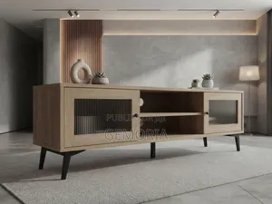 Meuble TV Chêne Clair Portes en Verre Strié