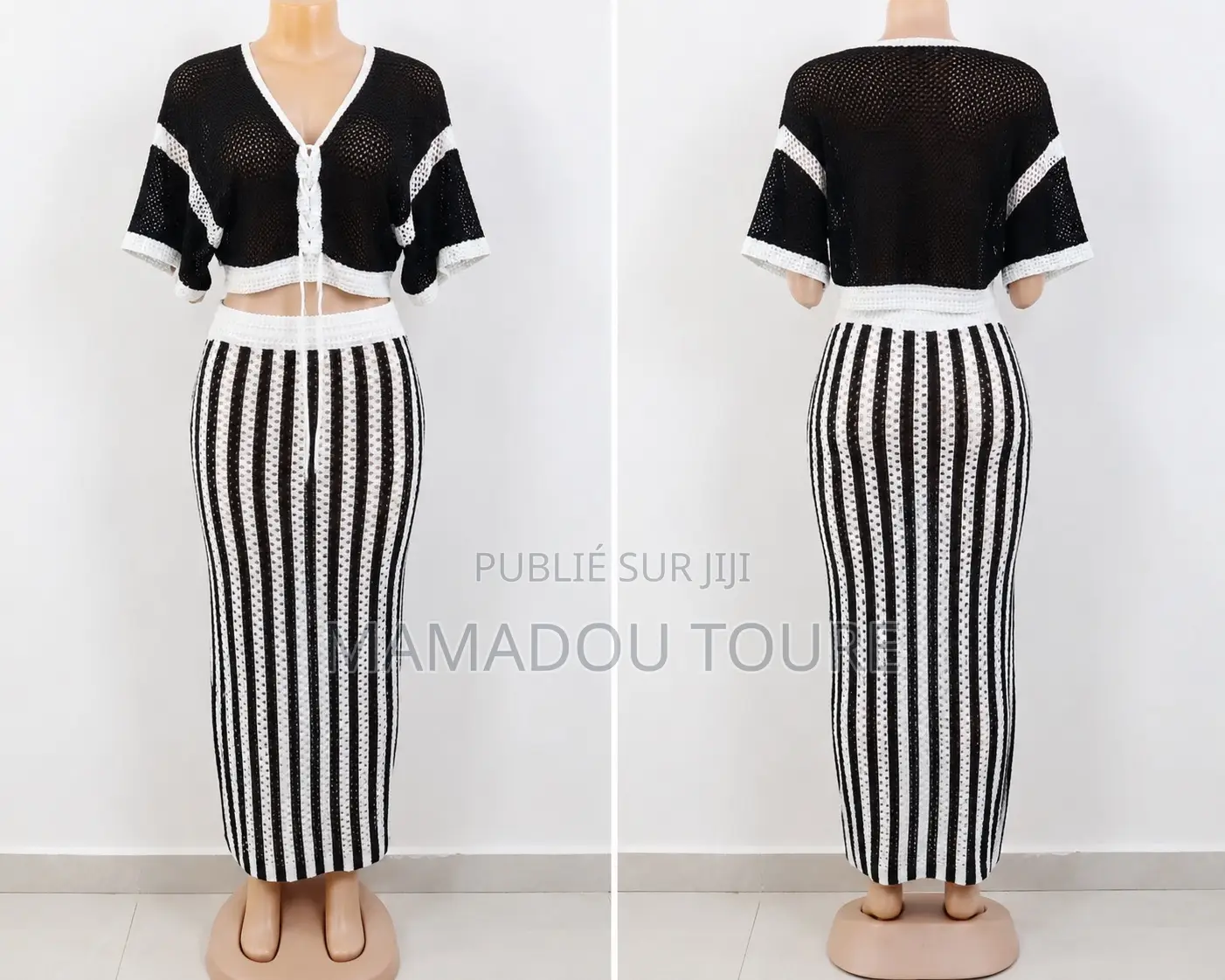 Ensemble Femme en Maille Crochet Noir Blanc –