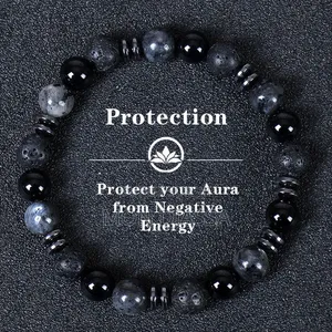 Bracelet en Pierre Naturelle De Lave, Labradorite Et Obsidienne Noir