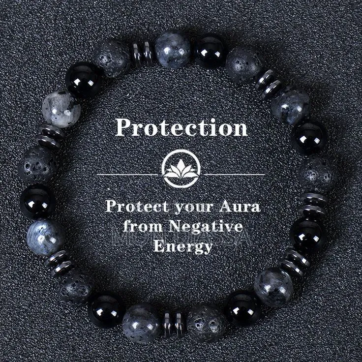 Bracelet en Pierre Naturelle De Lave, Labradorite Et Obsidienne Noir